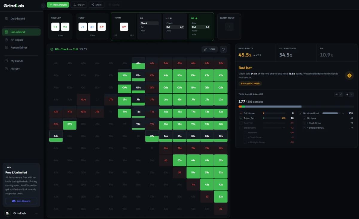 GrindLab — Poker equity analysis with villain range and hand categories