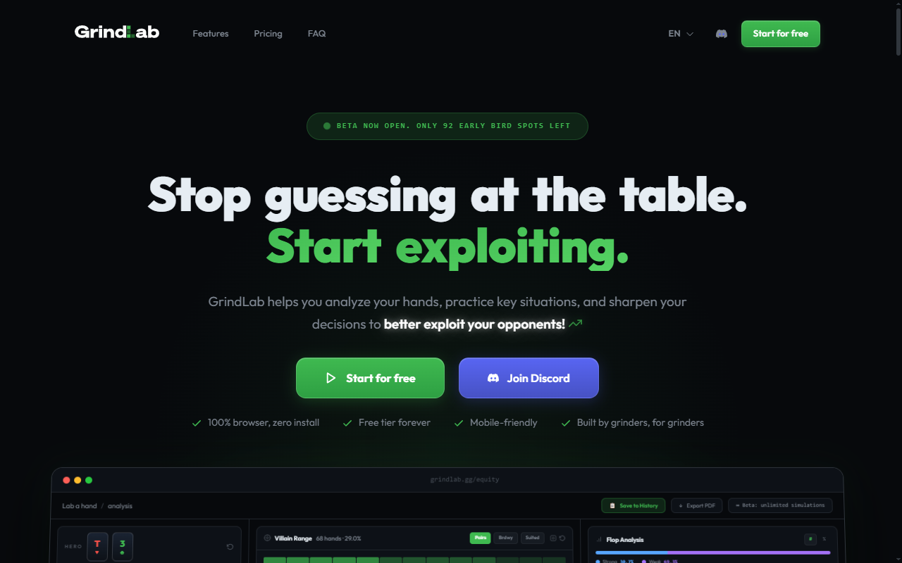 GrindLab homepage — poker hand analysis and exploitation tool