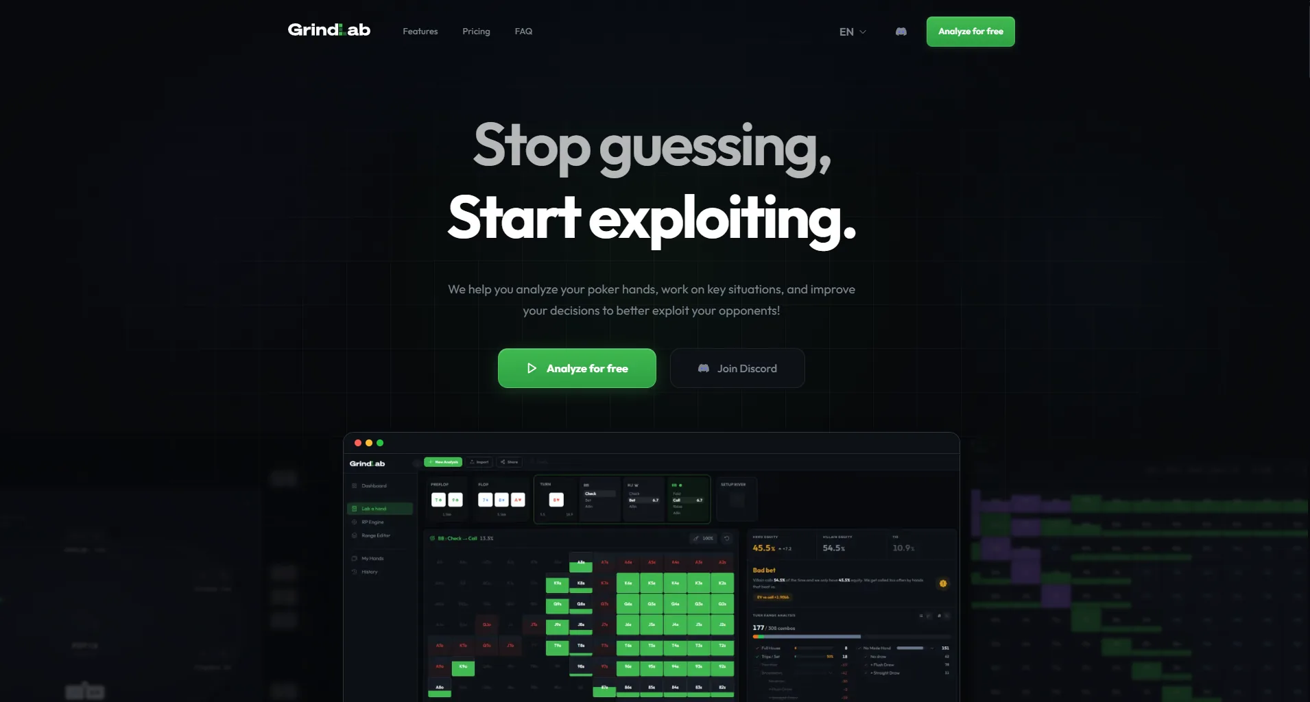 GrindLab homepage, poker hand analysis and exploitation tool