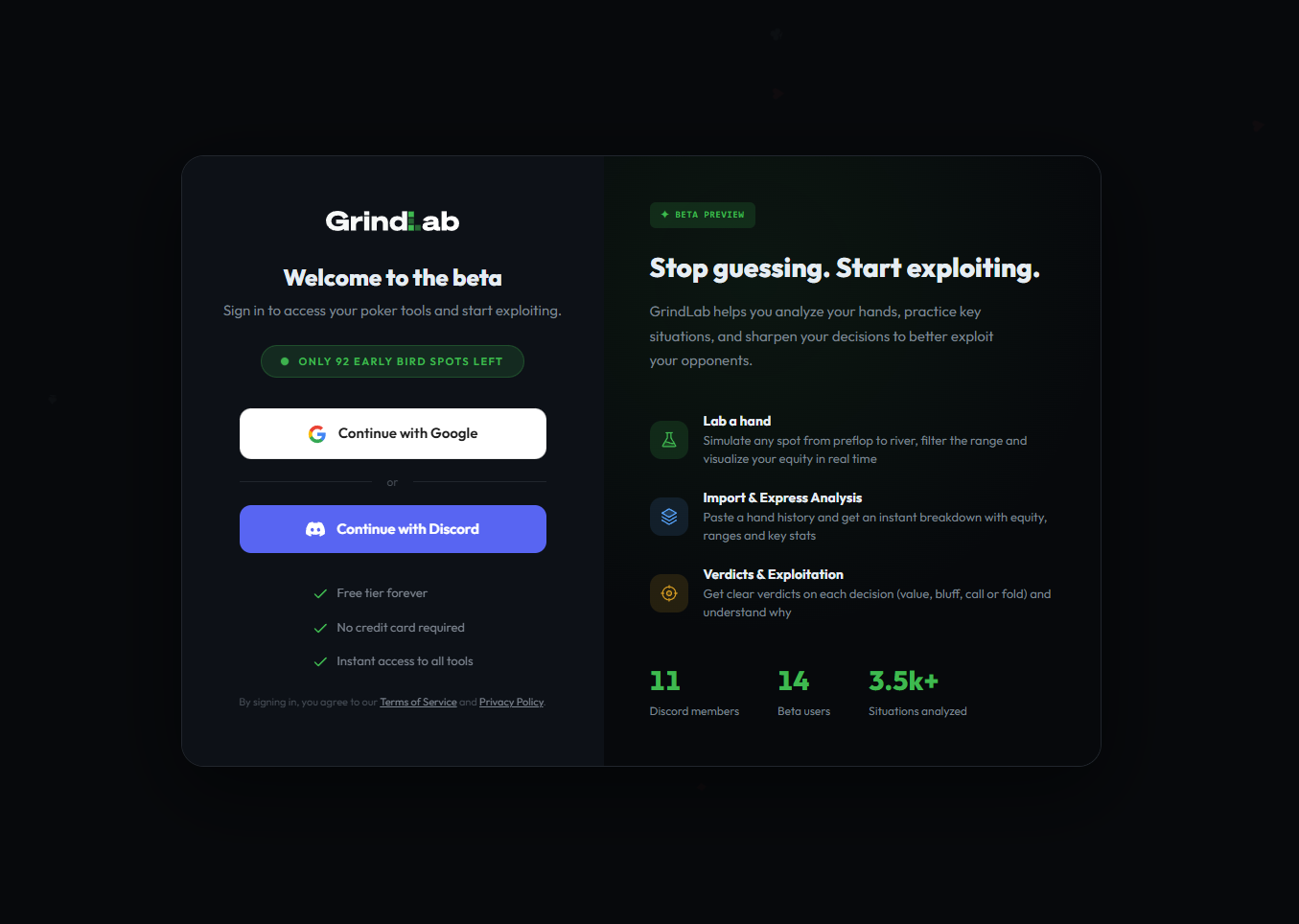 GrindLab sign-up page — sign in with Google or Discord in one click