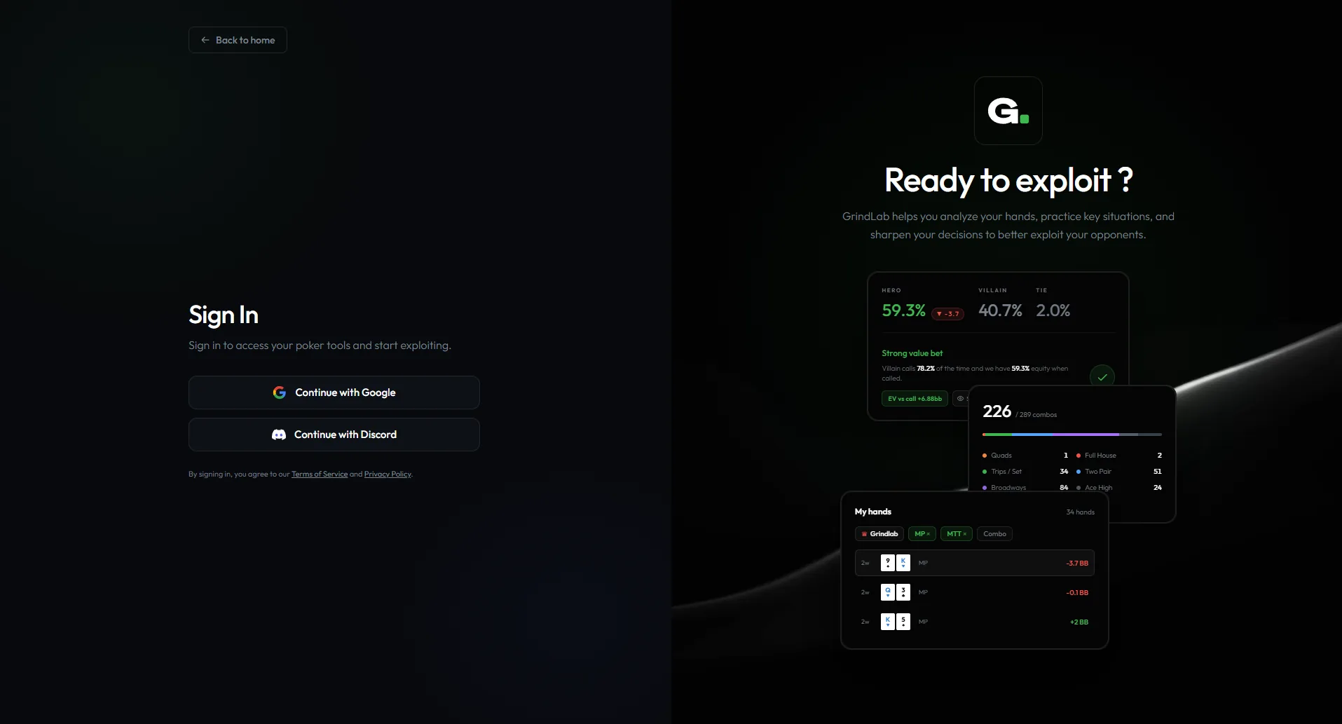 GrindLab sign-in page, sign in with Google or Discord