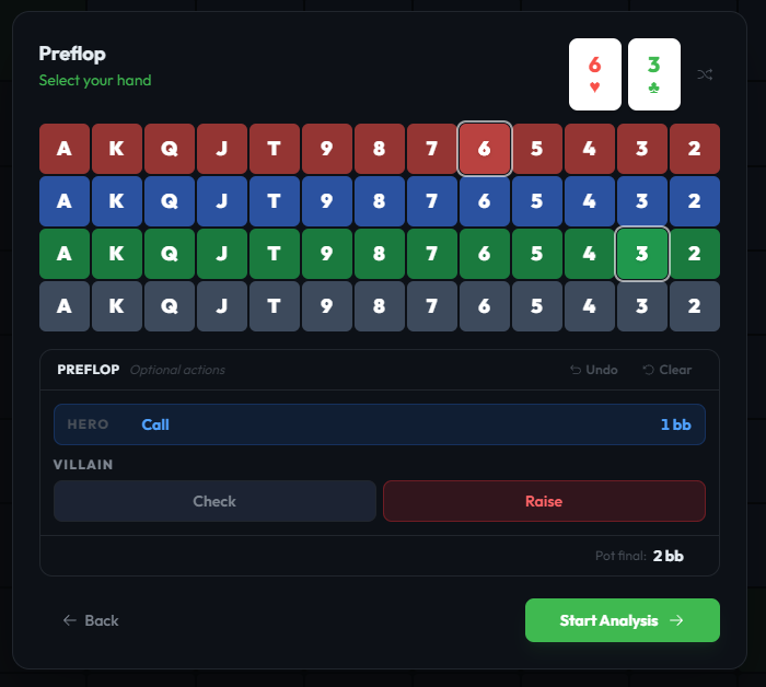 GrindLab Equity Engine — selecting hole cards A♠ J♥