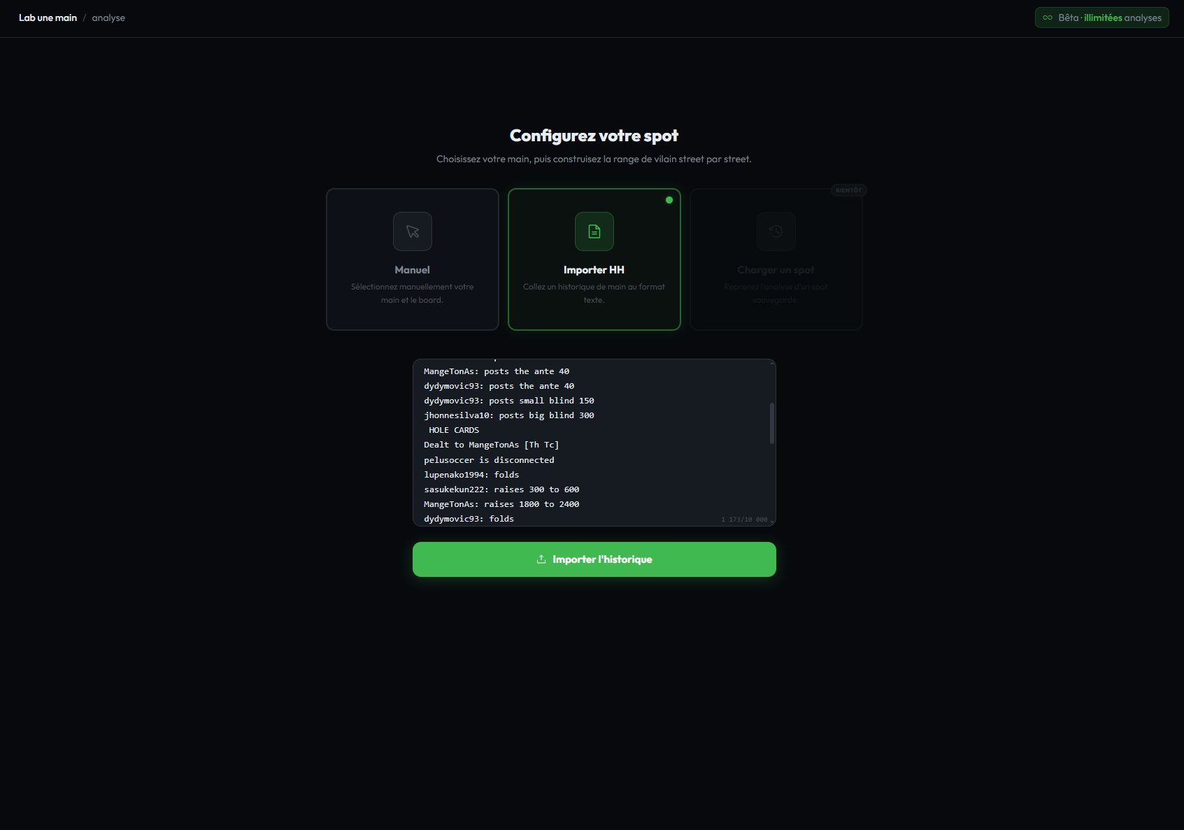 GrindLab hand import — paste a hand history and auto-parse cards, positions, and actions