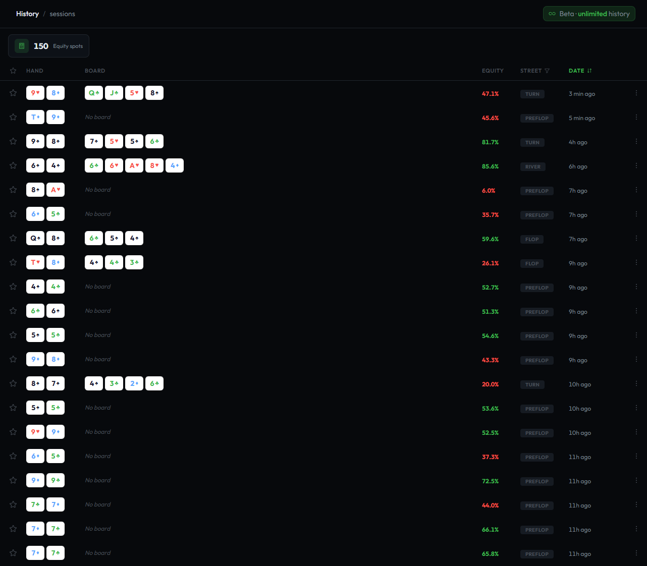 GrindLab History — auto-saved analyses with hand, board, street, and date