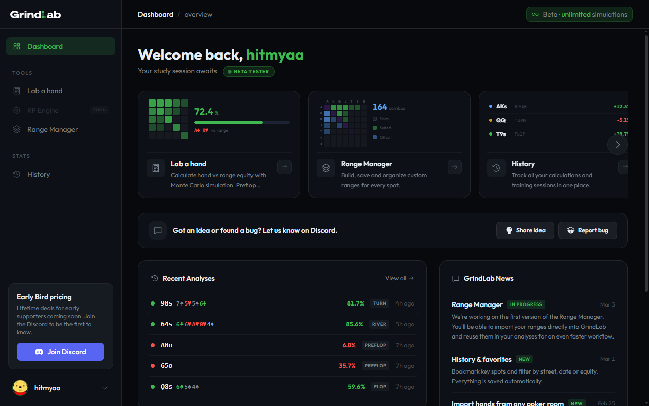 GrindLab post-session review — complete hand analysis with equity and range breakdown